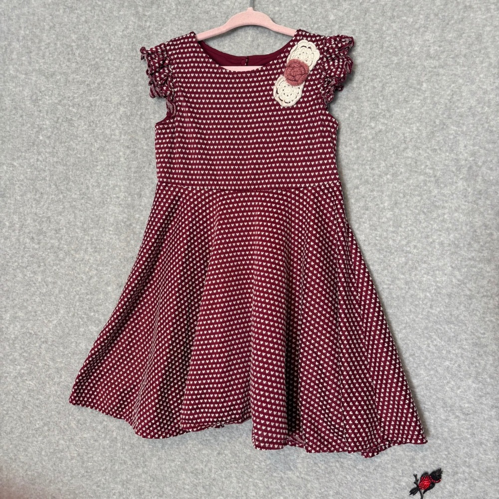 Pippa & Julie Girls 6X Ruffle Dress Burgundy Heart‎ Knit Flower Boho Fit Flare